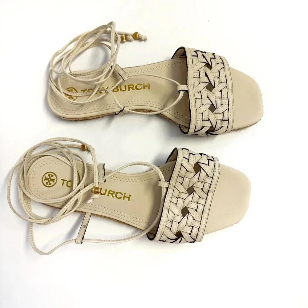 NWOT Tory Burch Caning Ankle-Wrap Leather Espadrille Sandals - Picture 4 of 6